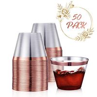 50 Rose Gold Party Cups 9 Oz Clear Plastic Cups Old Fashioned Tumblers | Rose Gold Rim Disposable Hard Party Cups for Wedding, Parties, Fancy Bridal Shower Decor