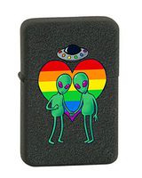 Hat Shark Aliens Holding Hands Flying Saucer Rainbow Heart LGBT Pride KGM Thunderbird Vintage Lighter - Black Crackle