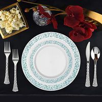 Set of 32 Disposable Dinner Plates Bundle Combo | Premium Quality Firm White Plastic | Elegant Silver on Light Blue Designed Rims | Bulk Qty 16x 10.25'' Dinner Plates + 16x 7.25'' Salad Plates