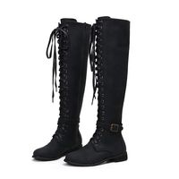 Kiyotoo Women Steampunk Gothic Vintage Style Retro Punk Buckle Knee High Riding Boots Low Heel Strap Suede Boots Black