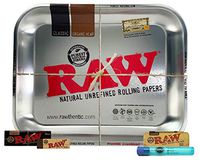 RAW Large Rolling Tray (Silver), Black 1 1/4 Natural Unrefined, Tips, 1 1/4 Metal Paper Case, with Rolling Paper Depot KewlTube- 5 Item Bundle