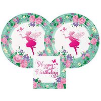Fairies and Flowers Pink Metallic Birthday Plates and Napkins, 16 Servings, Bundle- 3 Items