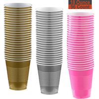18 oz Party Cups, 96 Count - Gold, Silver, Hot Pink - 32 Each Color