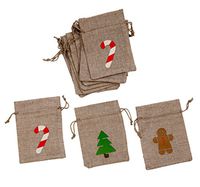 Christmas Treat Bags 12 Pack - 4" x 5 1/2" Burlap Goody Favor Bags with Candy Cane, Gingerbread Man and Christmas Tree for Party Favors