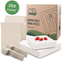 Balffor Square Disposable Compostable Biodegradable Eco-Friendly Plates & Silverware 250 Count Set - Heavy Duty Cornstarch CPLA Forks, Spoon, Knives & Sugarcane Bagasse 10 and 8 Inch Plates & E-Book