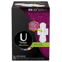 U by Kotex Cleanwear Ultra Thin Heavy Flow Pads with Wings, 16 Count. Pack of 2.