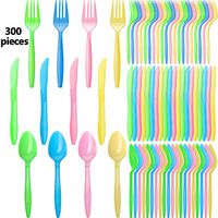 Boao 300 Pieces Hawaii Party Cutlery Set Reusable Plastic Utensils Knives Forks Spoons for Tropical Birthday Party Essentials, Assorted Color