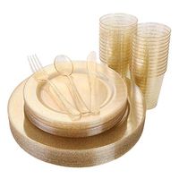 150 Pieces Gold Disposable Plates & Plastic Silverware & Cups, Gold Glitter Dinnerware Set : 25 Dinner Plates 10.25 inch, 25 Dessert PLates 7.5 inch, 25 Tumblers 9 oZ, 25 Forks, 25 Knives, 25 Spoons