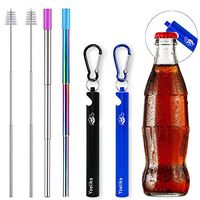 Yoelike 2 Pack Telescopic Re-usable Stainless Steel Metal Straws with Bottle Opener Case, Cleaner Brush, Keychain, Carabiner, Silicone Tips for Drinking Water, Smoothie, Juice (Black/Blue)