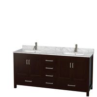 Wyndham Collection Sheffield 72 inch Double Bathroom Vanity in Espresso, White Carrara Marble Countertop, Undermount Square Sinks, and No Mirror