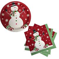 Holiday Christmas Snowman Party Supplies, Serves 18 People (Includes 18 Large Paper Plates, and 20 Party Napkins) (2018 Red)