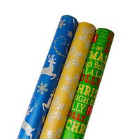 Bundle of 3 Rolls of Christmas Gift Wrapping Paper with Glitter, Kraft - Fun and Festive - 30 Total Sq Ft of Xmas Wrap