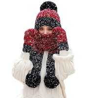 Theoylos Women Girls Fashion Winter Warm Knitted Hat Beanie Hat Scarf Gloves Set Ladies Plus Velvet Pompom Skull Cap Wine