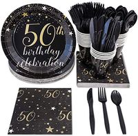 50th Birthday Party Supplies – Serves 24 – Includes Plastic Knives, Spoons, Forks, Paper Plates, Napkins, and Cups Perfect for Birthdays