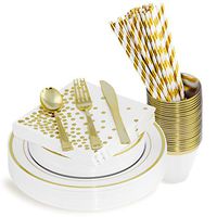 200 Piece Gold Disposable Cutlery Set | Plastic Gold Silverware | Heavyweight Quality Flatware | Includes 25 Forks, Spoons, Knives, 9 Oz Cups, Dinner Plates, Salad Plates, Napkins + Straws (Gold)