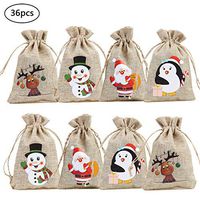 36pcs Christmas Gift Bags with Drawstring 4Inch Burlap Candy Christmas Pattern Treat Bags for Presents