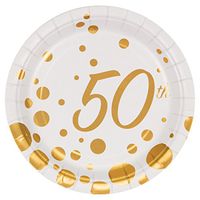 Creative Converting 317841 8 Count 50th Anniversary Paper Dessert Plates, 7", Sparkle and Shine Gold