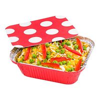 12 oz Rectangle Red Aluminum Take Out Container - Polka Dot Paper Lid - 5 3/4" x 4 3/4" x 1 3/4" - 50 count box - Restaurantware