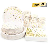 White and Gold Party Supplies - 200PCS Disposable White Paper Plates Dinnerware Set Gold Dots 50 Dinner Plates 50 Dessert Plates 50 9oz Cups 50 Napkins Wedding Birthday Party Baby Shower Christmas