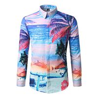 Men Long Sleeve Shirt Tropical Vacation Printing Casual Invisible Button Tops Spring Autumn Blouse 2019 Fashion Shirt(XL,Blue)