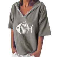 GHrcvdhw Women Stylish Casual T-Shirt Short Sleeve V-Neck Fish Bones Printed Hooded Tops Blouse Gray