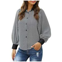 Eoeth Women Lapel Button Shirts Fashion Casual Loose Irregular Checkered Contrast Lantern Sleeve Solid Tops T-Shirts Tee Gray