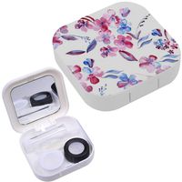 Portable Contact Lens Case Box Travel Kit Mirror + Bottle + Tweezers Container Holder [ Small Floral Elements Blue Pink ]