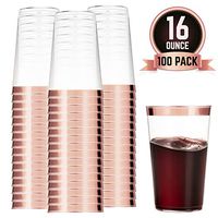 100 Rose Gold Plastic Cups 16 Oz Clear Plastic Cups Tumblers Rose Gold Rimmed Cups Fancy Disposable Wedding Cups Elegant Party Cups with Rose Gold Rim