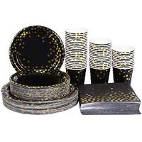 HomyPlaza Black and Gold Party Supplies 200 PCS Disposable Paper Plates Dinnerware Set 50 Dinner Plates 50 Dessert Plates 50 9oz Cups 50 Napkins for Wedding Birthday New Year Eve Party