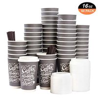 To Go Disposable Hot Coffee Cups with Lids & Stirrers | 16oz 50pcs Pack Double Wall, Recyclable, Insulated | No Sleeves Need | Takeaway Paper Cups for Hot Drinks (Gray, 16 Oz)