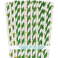 Shamrock and Stripe Irish Theme Paper Drinking Straws - St Patrick's Day Supply - Green and Gold Foil - 100 Pack - Outside the Box Papers Brand