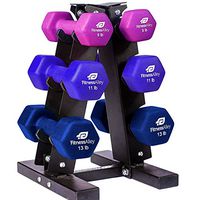 Fitness Alley Neoprene Dumbbells A Frame Rack - Free Weights Hex Hand Weights - Gym Exercise 3 Pairs Set (9lb, 11lb & 13lb) with 3 Tier Rack