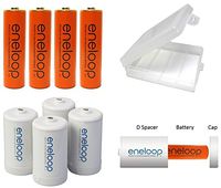 4 Panasonic Eneloop"D" Batteries for Flashlights and Other Devices Comprised of 4 AA NiMH Pre-Charged Rechargeable"Orange" Batteries and 4"D" Spacers, Plus AA Holder