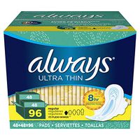 Always Ultra Thin Regular Pads With Wings, Unscented, 96 Count (Pack of 3)