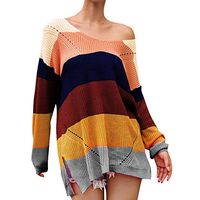 Women's Casual Pullover Stripe Long Sleeve Sweatshirt Rainbow Blouse Knit Sweater Top Shirts T-Shirt