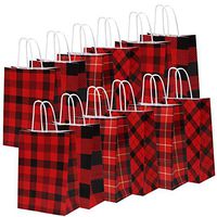 Cooraby 20 Pieces Red and Black Plaid Paper Party Bags Christmas Gift Bag Birthday Kraft Party Bags with Handle for Wedding and Party Celebrations (Color C)