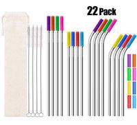 Metal Straws Reusable Stainless Steel Straws Curved Straight Drinking Straws for 16 20 24 30 32oz Tumblers, with 24 Silicone Tips 4 Cleaning Brush 1 Pouch (Silver 8.5inch and 10.5inch)
