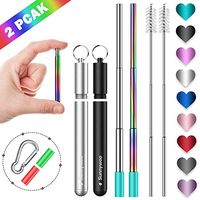 Sunnywoo Collapsible Reusable Straws,Portable Stainless Steel Metal Drinking Foldable Straw with Travel Case & Cleaning Brush & Keychain & Silicon Tips for Adults and Kids （2 Pack）