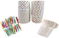 Mini Ice Cream Sundae Kit - 4 Ounce Polka Dot Paper Treat Cups - Mini Wooden Taster Spoons - Paper Umbrellas - 24 Each - Pink, Blue, Yellow, Orange