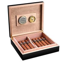 CIGARLOONG Cigar Humidor Cedar Wood Small Desktop Box with Hygrometer and Humidifier Hold up to 20 Cigars(Color:Black)