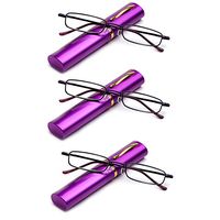 Newbee Fashion -"Pocket" Readers Ultra Compact Spring Temple Reading Glasses w/Portable Pocket Clip Aluminum Case Purple +3.00