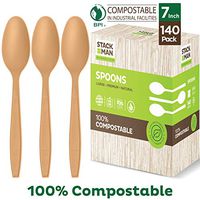 Stack Man Disposable Spoons [140 Pack] 100% Compostable Plastic Silverware, Large Premium Heavy-Duty Flatware Utensils Eco Friendly BPi Certified, 6.5 Inch, Organic Natural Wood Color Tableware