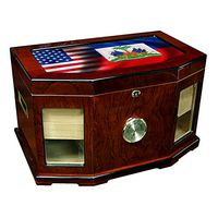 Large Premium Desktop Humidor - Glass Top - Flag of Haiti (Haitian) - Waves with USA Flag - 300 Cigar Capacity - Cedar Lined with Two humidifiers & Large Front Mounted Hygrometer.