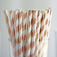 BalsaCircle 150 pcs 8-Inch Rose Gold and White Striped Paper Straws - Disposable Wedding Party Birthday Event Picnic Supplies