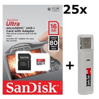 25 PACK - SanDisk Ultra 16GB UHS-I Class 10 MicroSDHC Memory Card Up to 80mb/s SDSQUNC-016G with adapter LOT OF 25 and USB 2.0 MemoryMarket dual slot MicroSD & SD Memory Card Reader