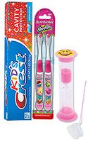 Shopkins 4pc. Bright Smile Oral Hygiene Set! Shopkins 2 Pack Manual Toothbrush, Crest Kids Sparkling Toothpaste & 2 Minute Teeth Brushing Timer! Plus Bonus"Remember to Brush" Visual Aid!