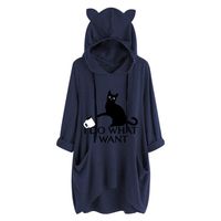 Sunhusing Womens Cute Lazy Lying Cat Printed Solid Color Long Sleeve Sweatshirt Cat Ear Hooded Pocket Tunic Tops(Navy,5XL)