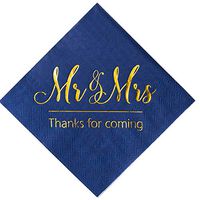 Crisky Wedding Napkins Mr Mrs Bule Gold Cocktail Beverage Dessert Napkins for Wedding Shower Engagement Party Decorations, 100 Pcs, 3-Ply