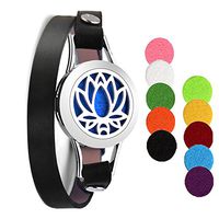 Gouraml Essential Oil Diffuser Bracelet for Women Aromatherapy Anxiety Jewelry Hypo-allergenic 316L Surgical Stainless Steel with Gold Leather Band 10 Different Color Pads Gift Set (Lotus Of life)