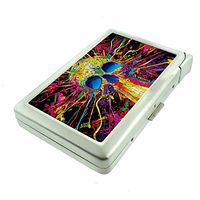 Rainbow Skull Splatter Em1 Hip Silver Cigarette Case With Built In Lighter 4.75" X 2.75" Id Holder Metal Wallet RFID Protection